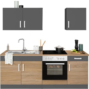 A (A+++ bis D) Küchenzeile HELD MÖBEL Gera Komplettküchen-Sets Gr. B/T: 210 cm x 60 cm, grau (küche: eiche, anthrazit,, korpus: grafit, arbeitsplatte: eichefarben) Küchenzeilen mit Elektrogeräte E-Geräten, Breite 210 cm