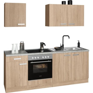 A (A+++ bis D) Küchenzeile OPTIFIT Leer Komplettküchen-Sets Gr. B/T: 210 cm x 60 cm, ohne Geschirrspüler, beige (küche: eiche hell, hell,, korpus: eichefarben, arbeitsplatte: specksteinfarben) Küchenzeile Küchenzeilen mit Elektrogeräte Breite 210 cm,