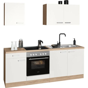 A (A+++ bis D) Küchenzeile OPTIFIT Leer Komplettküchen-Sets Gr. B/T: 210 cm x 60 cm, ohne Geschirrspüler, weiß (küche: weiß, eiche hell,, korpus: eichefarben, arbeitsplatte: eichefarben) Küchenzeile Küchenzeilen mit Elektrogeräte Breite 210 cm,