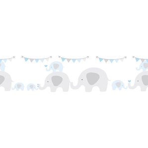 A.S. CRÉATION Bordüre Elephant Party Tapeten Tapete Kinderzimmer Blau Grau Weiß Gr. B/L: 0,16 m x 5 m, Rollen: 1 St., blau (weiß, grau, hellblau) Kinderzimmer Bordüren