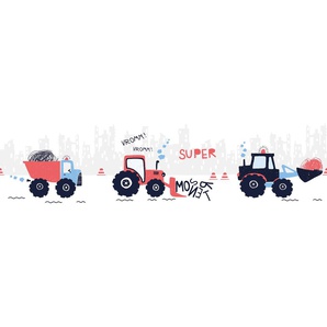 A.S. CRÉATION Bordüre Super Tractor Tapeten Papier, Wand, Schräge, Tür Gr. B/L: 0,16 m x 5 m, Rollen: 1 St., bunt (weiß, koralle, dunkelblau) Kinderzimmer Bordüren