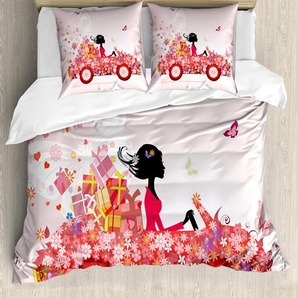 ABAKUHAUS Autos Bettbezug, Mädchen auf Einer Auto-Blumenkasten, Milbensicher Allergiker geeignet mit Kissenbezügen, 155 cm x 220 cm - 80 x 80 cm, Rosa Dunkel Coral Schwarz nevde_46063_155x220_de
