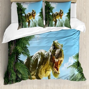 ABAKUHAUS Fantasie Bettbezug, Jurassic Monster Fossil, Milbensicher Allergiker geeignet mit Kissenbezügen, 200 cm x 200 cm - 80 x 80 cm, Sky Blue Farn-Grün nevde_28411_200x200_de
