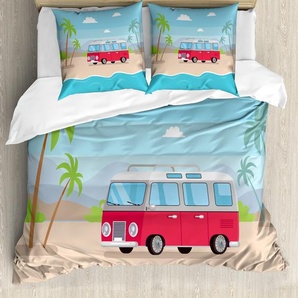 ABAKUHAUS Grafik-Strand Bettbezug Set für Einzelbetten, Happy Camper Van Bay, Milbensicher Allergiker geeignet mit Kissenbezug, 200 cm x 200 cm - 80 x 80 cm, Mehrfarbig nevde_117832_200x200_de