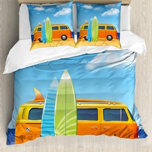 ABAKUHAUS Grafik-Strand Bettbezug Set für Einzelbetten, Happy Camper Van Surf, Milbensicher Allergiker geeignet mit Kissenbezug, 155 cm x 220 cm - 80 x 80 cm, Sky Blue Multicolor nevde_117812_155x220_de