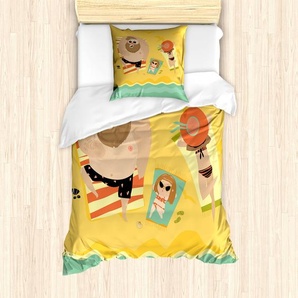 ABAKUHAUS Grafik-Strand Bettbezug Set für Einzelbetten, Happy Family Meer, Milbensicher Allergiker geeignet mit Kissenbezug, 135 cm x 200 cm - 80 x 80 cm, Senf Multicolor nevde_117816_135x200_de