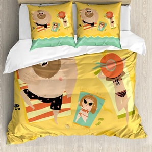 ABAKUHAUS Grafik-Strand Bettbezug Set für Einzelbetten, Happy Family Meer, Milbensicher Allergiker geeignet mit Kissenbezug, 155 cm x 220 cm - 80 x 80 cm, Senf Multicolor nevde_117816_155x220_de