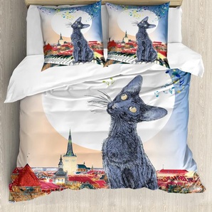 ABAKUHAUS Katze Bettbezugs Set Für Doppelbetten, Katze auf Dach-Sonnenuntergang-Musik, Milbensicher Allergiker geeignet mit Kissenbezügen, Mehrfarbig nevde_15852_155x220_de