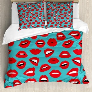 ABAKUHAUS Kuss Bettbezug, Retro Frau Roter Lippenstift, Milbensicher Allergiker geeignet mit Kissenbezügen, 155 cm x 220 cm - 80 x 80 cm, Teal Rot Weiß nevde_43014_155x220_de