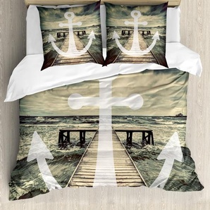 ABAKUHAUS Nautisch Bettbezug, Anchor Ocean Waves, Milbensicher Allergiker geeignet mit Kissenbezügen, 155 cm x 220 cm - 80 x 80 cm, Grau und Braun nevde_7080_155x220_de