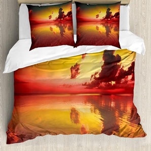 ABAKUHAUS Ozean Bettbezugs Set Für Doppelbetten, Sonnenaufgang Wasser Reflexion, Milbensicher Allergiker geeignet mit Kissenbezügen, Gelbes Dunkles waldgrün nevde_8917_155x220_de