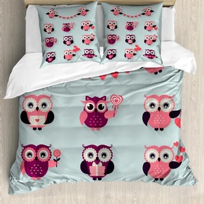 ABAKUHAUS Verlobungsfeier Bettbezug Set, Valentinsgruß-Konzept-langohrige Baby-Eulen, die Liebesbriefe und -herzen halten, 155 x 220 cm + 80 x 80 cm, Mehrfarbig nevde_65293_155x220_de