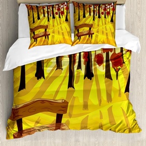 ABAKUHAUS Wald Bettbezug, Cartoon Baum und Bank, Milbensicher Allergiker geeignet mit Kissenbezügen, 155 cm x 220 cm - 80 x 80 cm, Burnt Sienna Gelb nevde_52089_155x220_de