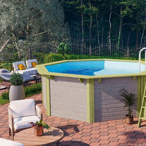 Achteckpool KARIBU Modell 1X Schwimmbecken Gr. B/H/L: Breite 480 cm x Höhe 121,1 cm x Länge 399,5 cm, 11,6 l, grau (wassergrau) Achtformpools BxLxH: 480x399,5x121,1cm, mit Sonnenterrasse