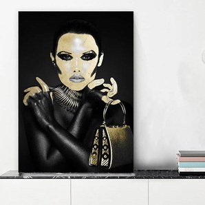 Acrylglasbild QUEENCE Chensit Bilder Gr. B/H: 100 cm x 150 cm, Acrylglasbild Frau Hochformat, 1 St., goldfarben (schwarz, goldfarben) Acrylglasbilder