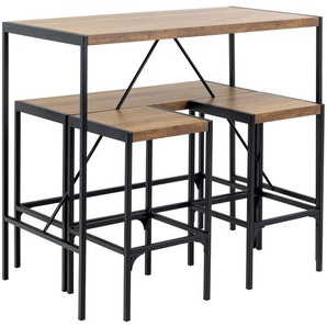 ACTONA GROUP Bar-Set Bahamas Bartisch Satz, Küchentisch, Stehtisch, (Set, 4-St), Eichenoptik, schwarze Stahlbeine, Bank und 2 Hocker, Fußstütze