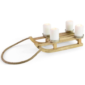 Adventsleuchter RIFFELMACHER & WEINBERGER Schlitten, Weihnachtsdeko Kerzenhalter Gr. B/H/T: 41 cm x 11 cm x 20 cm, beige (natur, silberfarben) Windlichter Laternen Deko-Schlitten, 4 Kerzenhaltern, vernickeltes Aluminium und Mangholz