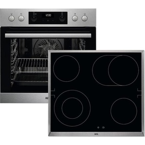 AEG Herdset , Schwarz, Edelstahl , Metall, Glas , A+,A+ , 57.6x51.6 cm , Digitaldisplay, Elektronikuhr, Kühlgebläse, Betriebskontrollleuchte, Bräterzone, Restwärmeanzeige je Kochzone, Zweikreis-Kochzone, Backofenbeleuchtung , Küchen, Küchenelektrogeräte,