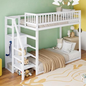AIORBER Etagenbett,90x200cm, Bett mit Geländer,Leiter mit Stauraum, integrierter Kleiderschrank, Kiefernholz & MDF, für Kinderzimmer, Gästezimmer,Weiß