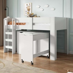 AIORBER Kinderhochbett, 90 x 200cm, mit ausziehbarem Schreibtisch, Kleiderschrank, MDF, mit Schubladen und Stuhl mit PolyurethanKissen, Kinderbetten, Weiß