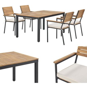 Akazienholz Gartengarnitur Rhodos - Tisch, 4 Stühle & Auflagen - Holz Gartenmöbel Set 5-teilig - Balkonmöbel -Outdoor Möbel Natur & Schwarz - Juskys