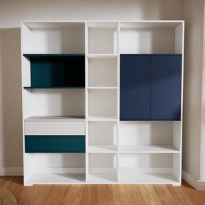 Aktenregal Blau - Büroregal: Schubladen in Hellgrau & Türen in Blau - Hochwertige Materialien - 190 x 196 x 34 cm, konfigurierbar