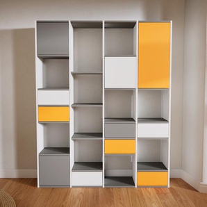 Aktenregal Grau - Büroregal: Schubladen in Weiß & Türen in Grau - Hochwertige Materialien - 156 x 195 x 34 cm, konfigurierbar