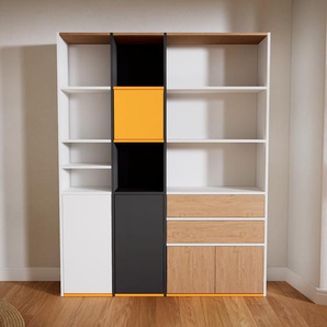 Aktenregal Weiß - Büroregal: Schubladen in Eiche & Türen in Eiche - Hochwertige Materialien - 154 x 195 x 34 cm, konfigurierbar
