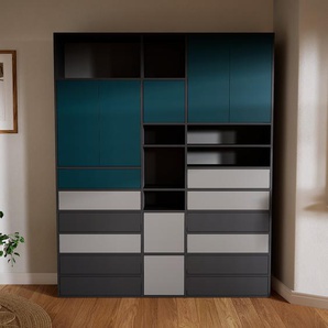 Aktenschrank Grau - Büroschrank: Schubladen in Graphitgrau & Türen in Blaugrün - Hochwertige Materialien - 190 x 233 x 34 cm, Modular