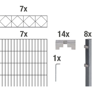 ALBERTS Doppelstabmattenzaun Bergen Zaunelemente anthrazit, 120 cm hoch, 7 Matten für 14 m, 8 Pfosten Gr. H/L: 120 cm x 14 m, grau (anthrazit) Zaunelemente