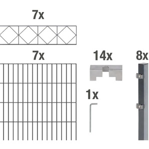 ALBERTS Doppelstabmattenzaun Bergen Zaunelemente anthrazit, 140 cm hoch, 7 Matten für 14 m, 8 Pfosten Gr. H/L: 140 cm x 14 m, grau (anthrazit) Zaunelemente