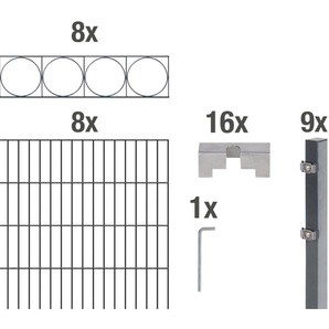 ALBERTS Doppelstabmattenzaun Oslo Zaunelemente anthrazit, 120 cm hoch, 8 Matten für 16 m, 9 Pfosten Gr. H/L: 120 cm x 16 m, grau (anthrazit) Zaunelemente