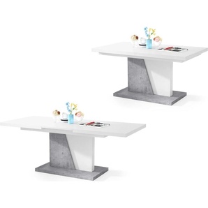 All4All Couchtisch Noel , Kaffeetisch , Wohnzimmertisch , Sofatisch mit Ablagen , Esstisch mit Einlegeplatte , ausklappbar , 120x70cm , Weiß + Beton Millenium