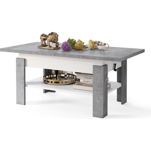 All4All Couchtisch Rino , Kaffeetisch , Wohnzimmertisch mit Ablage , Sofatisch , ausziehbar bis 170cm , höhenverstellbar , 130x65cm , 05 , Beton + Weiß