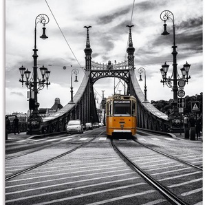 Alu-Dibond-Druck ARTLAND Budapest Freiheitsbrücke Straßenbahn Bilder Gr. B/H: 60 cm x 90 cm, Zugbilder Hochformat, 1 St., schwarz Metallbilder