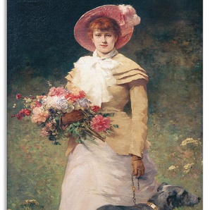 Alu-Dibond-Druck ARTLAND Frau mit Hund Bilder Gr. B/H: 50 cm x 100 cm, Portrait Hochformat, 1 St., beige (naturfarben) Metallbilder