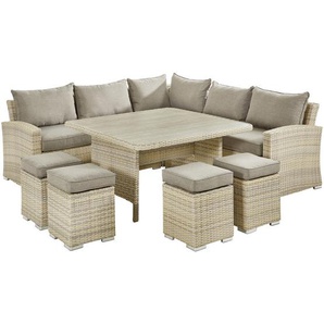 Amatio Dining-Loungeset , Taupe, Beige , Metall, Kunststoff, Glas, Textil , 8-teilig , Füllung: Schaumstoff,Fleece , L-Form , 230x230 cm , Loungemöbel, Loungemöbel-Sets