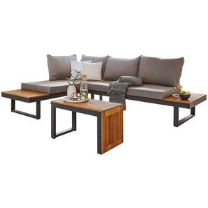 Amatio Loungegarnitur, Anthrazit, Akazie, Hellgrau, Holz, Metall, Textil, Akazie, massiv, Füllung: Schaumstoff, L-Form, links montierbar, rechts