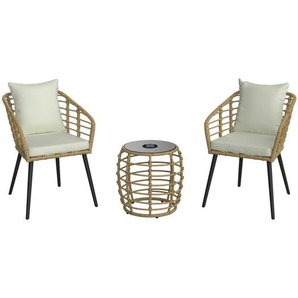 Ambia Garden Balkonset, Natur, Schwarz, Beige, Metall, Kunststoff, Glas, Textil, 3-teilig, Füllung: Polyester,Schaumstoff, konisch, 56x72x66 cm, Beleuchtung, Balkonmöbel, Balkonmöbel-Sets