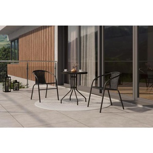 Ambia Garden Balkonset, Schwarz, Metall, Kunststoff, Glas, 3-teilig, Rundrohr, 60x52x70 cm, Balkonmöbel, Balkonmöbel-Sets