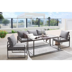 Ambia Garden Dining-Loungeset, Anthrazit, Grau, Schwarz, Metall, Glas, Textil, 4-teilig, Füllung: Schaumstoff,Polyester, eckig, 317x67x139 cm, wetterbeständig, Tisch mit Glasplatte, Loungemöbel, Loungemöbel-Sets