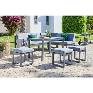 Ambia Garden Dining-Loungeset, Anthrazit, Hellgrau, Dunkelgrau, Metall, Glas, Textil, 6-teilig, Füllung: Schaumstoff, L-Form, 213x169 cm, Loungemöbel,