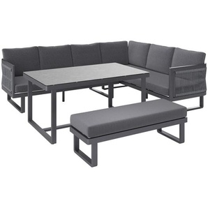 Ambia Garden Dining-Loungeset, Anthrazit, Metall, Kunststoff, Glas, Textil, Eckteil, L-Form, 240x190 cm, Tisch mit Glasplatte, Loungemöbel,