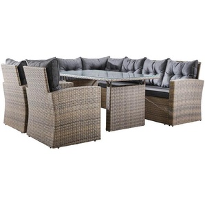 Ambia Garden Dining-Loungeset, Grau, Dunkelgrau, Metall, Kunststoff, Glas, Textil, L-Form, 231x177 cm, Loungemöbel, Gartenlounge-Sets