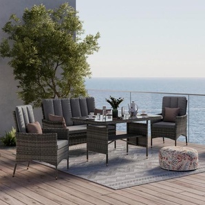 Ambia Garden Dining-Loungeset, Grau, Metall, Kunststoff, Glas, Textil, 4-teilig, Füllung: Schaumstoffflocken,Schaumstoffflocken, Rundrohr, Tisch mit