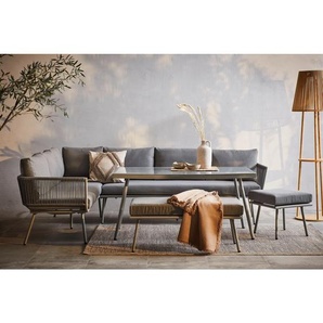 Ambia Garden Dining-Loungeset, Grau, Metall, Kunststoff, Glas, Textil, 5-teilig, Füllung: Schaumstoff,Polyester, 190x65x252 cm, Tisch mit Glasplatte, Hocker umfunktionierbar zu, Loungemöbel, Loungemöbel-Sets