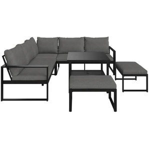 Ambia Garden Dining-Loungeset, Schwarz, Grau, Metall, 4-teilig, Füllung: Baumwollfüllung, Vlies, Komfortschaum,Faserbällchen, Vlies, L-Form, 235x235