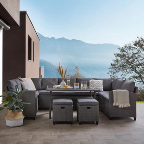 Ambia Garden Dining-Loungeset, Grau, Schwarz, Metall, Kunststoff, Glas, Textil, 6-teilig, Füllung: Schaumstoff, 294x165 cm, Loungemöbel, Gartenlounge-Sets