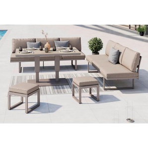Ambia Garden Dining-Loungeset, Hellgrau, Beige, Metall, Glas, Textil, 5-teilig, Füllung: Schaumstoff,Polyester, Loungemöbel, Loungemöbel-Sets