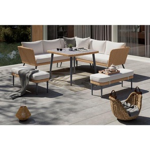 Ambia Garden Dining-Loungeset, Natur, Hellgrau, Dunkelgrau, Metall, Kunststoff, Textil, 6-teilig, Füllung: Schaumstoff,Polyester, Loungemöbel,